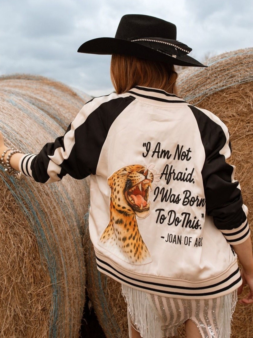 Rodeo Quincy Embroidered Leopard Quote Satin Bomber Jacket - Black & Cream